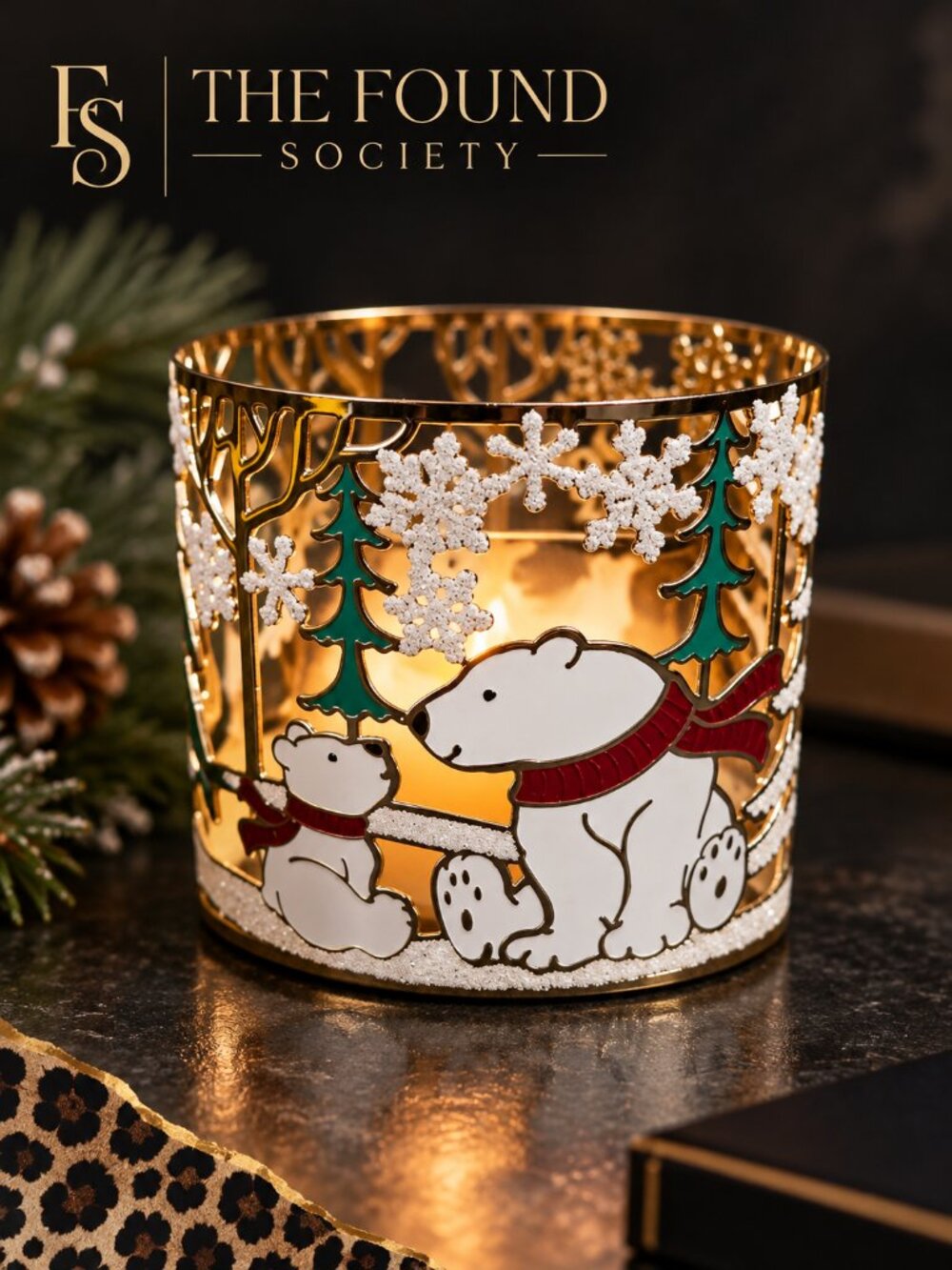 Bath & Body Works Polar Bear Candle Holder Gold Christmas Winter Decor